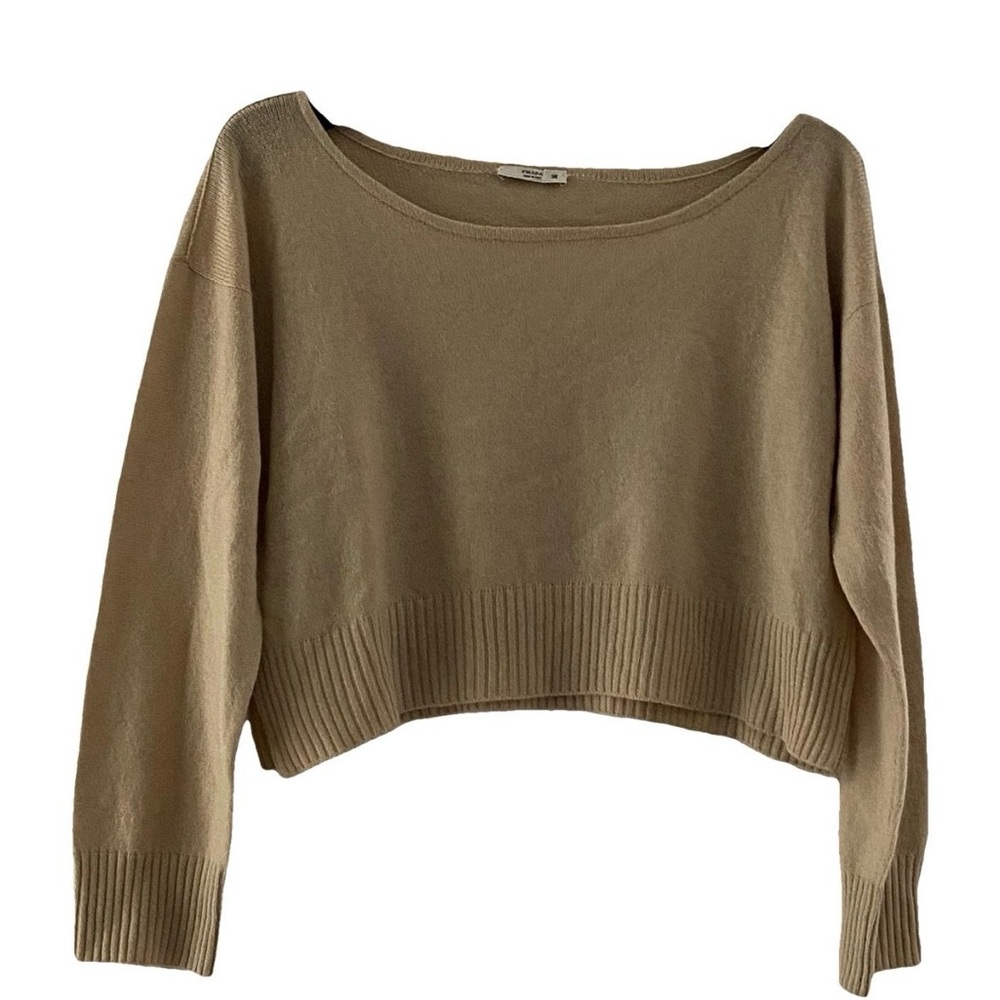 Prada Women's Cashmere Camel Cropped Crew Neck Sweater